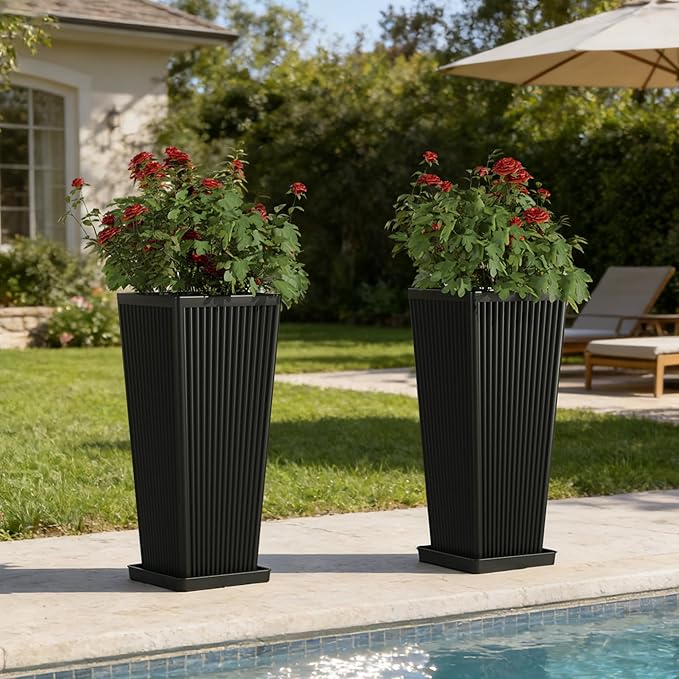 Trygoal Square Tall Planters for Outdoor Plants Set of 2-23.6" Modern Tapered Indoor Flower Pots with Drainage Holes/Partition/Tray, Large Outdoor Planters for Porch Patio Garden Front Porch, Black