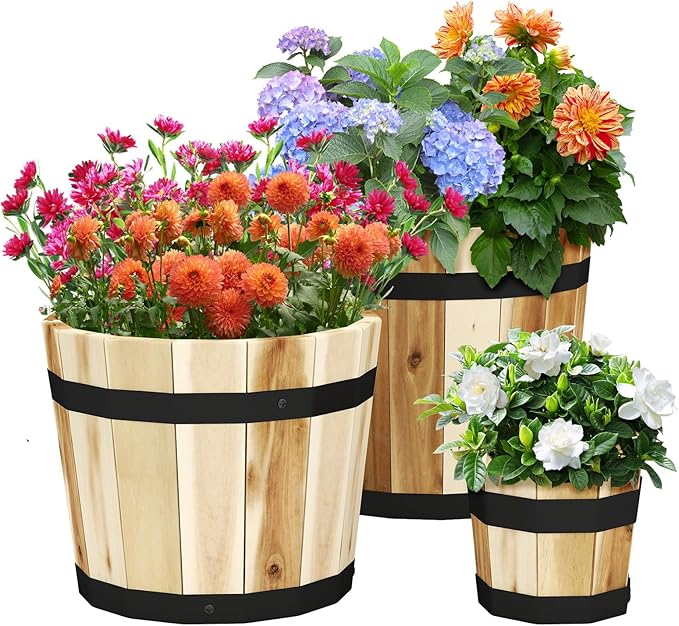 Giantex Set of 3 Barrel Planters, Outdoor Acacia Wood Raised Garden Bed for Flower Vegetable Fruit, Whiskey Bucket Shape Planter Boxes in Different Sizes for Patio Porch Balcony Yard (Natural)