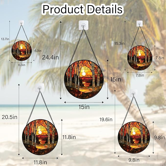Stained Glass Window Hanging, Orange Red Landscape Forest Lake Moon Suncatcher for Doors Window Home Sun Catchers Decor Mother's Day Birthday Gifts for Women Men Mom 11.8 in