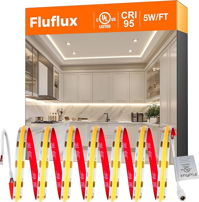 FluFlux COB LED Strip Lights 3500K, 24V Diffused Tape Light with Strong 3M VHB Adhesive, CRI 95, UL Listed, Cuttable, Flexible, Dimmable, 5W/FT for Cabinet, Stair, Accent (Power Supply Not Included)