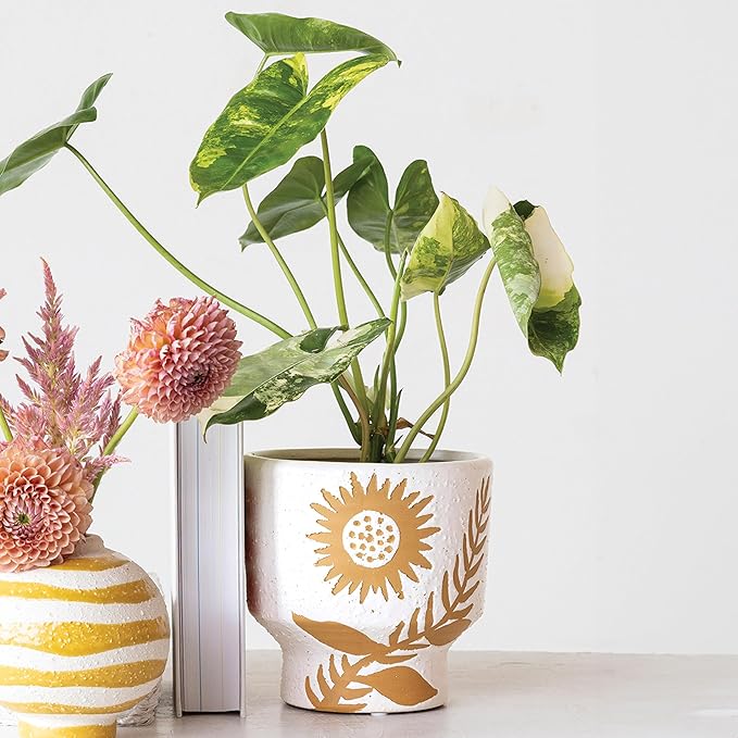 Creative Co-Op Stoneware Footed Planter with Flower, Reactive Glaze, White and Mustard