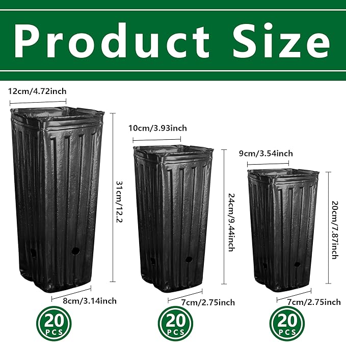 RunNico 60pcs Plastic Deep Plant Nursery Pots,Tall Tree Pots,Black Deep Seedling Container Pots with Drainage Holes for Indoor Outdoor Gardening (3Size-7.8" H+9.4" H+12.2" H)