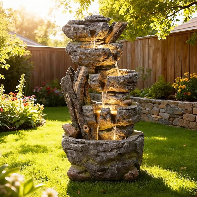 47.2" H Large Water Fountain Outdoor - 5 Tiers Cascade Floor Standing Rock Wood Like Waterfall Fountain with LED Lights for Garden Patio Backyard Porch Home Decor