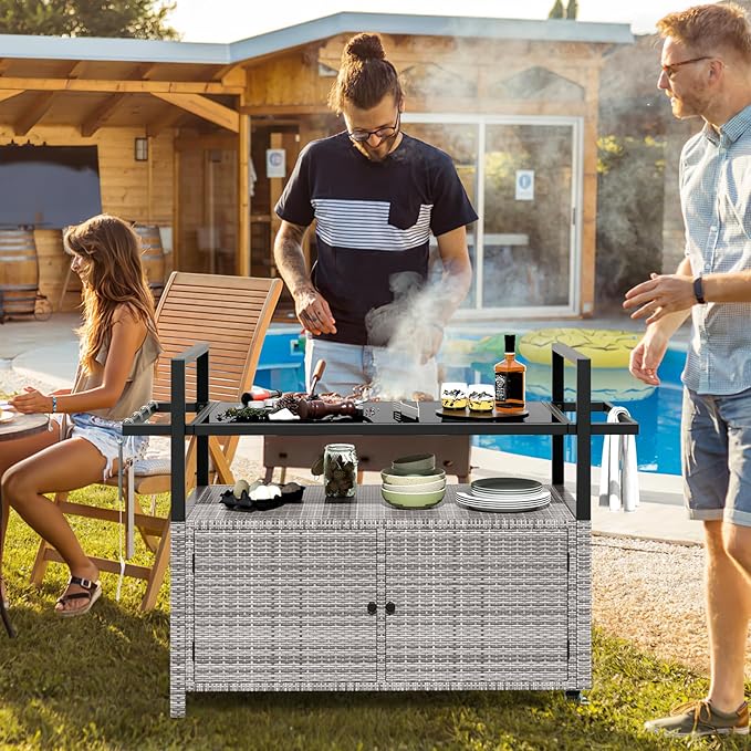 Tangkula Outdoor Bar Cart, Patiojoy Rolling Wicker Buffet Serving Cart with Tempered Glass Top, Storage Cabinet & 8 Hooks, Kitchen Island Cart on Wheels for Porch Backyard Garden Poolside (Mix Grey)