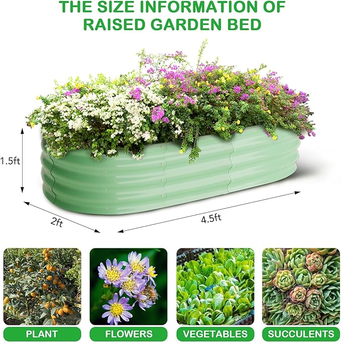 2 Pcs 4.5x2x1.5ft Oval Galvanized Raised Garden Beds, Metal Planter Boxes with Open Base, Tool-Free Assembly for Vegetables, Flowers, Herbs - Outdoor & Patio Use, Green