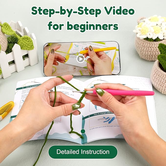Karsspor Crochet Kit for Beginners - 4 PCS Hanging Potted Plants, Beginner Crochet Kit for Adults, Crochet Starter Kit, Crocheting Knitting Kit with Step-by-Step Video Tutorials(Patent Product)