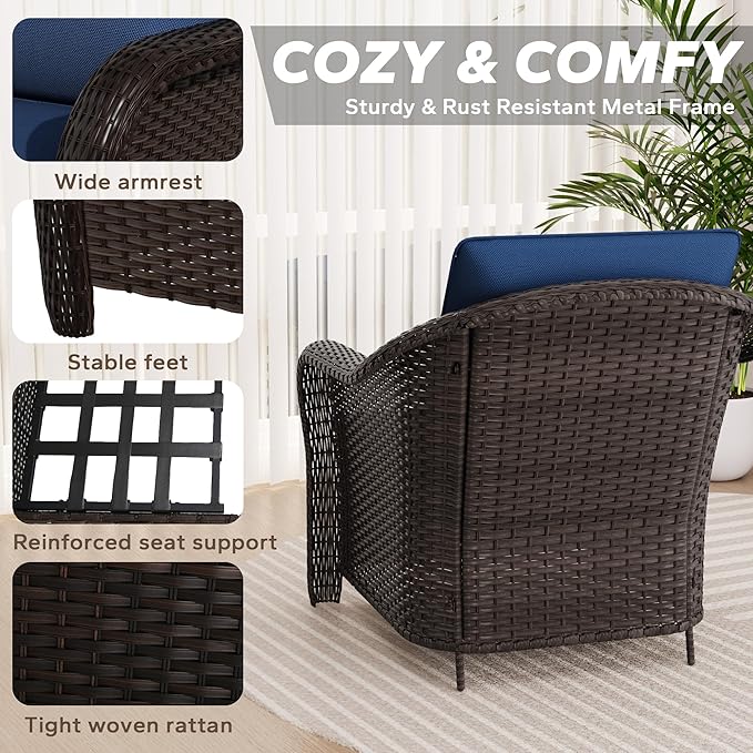 7 Pieces Patio Conversation Set, 78" Wicker 3-Seat Couch with Washable Cushions, 2 Glider Swivel Rocker Chairs, 2 Armchairs, Metal Table, Rattan Cat Bed End Table for Lawn (Navy Blue)