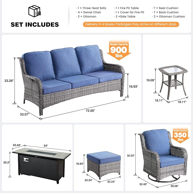 ovios 10 Pieces Patio Furniture Set, Outdoor Wicker Sofa Couch with Swivel Chairs 54" Fire Pit Table, High Back Modern All Weather Conversation Sets, Grey Rattan, Denim Blue