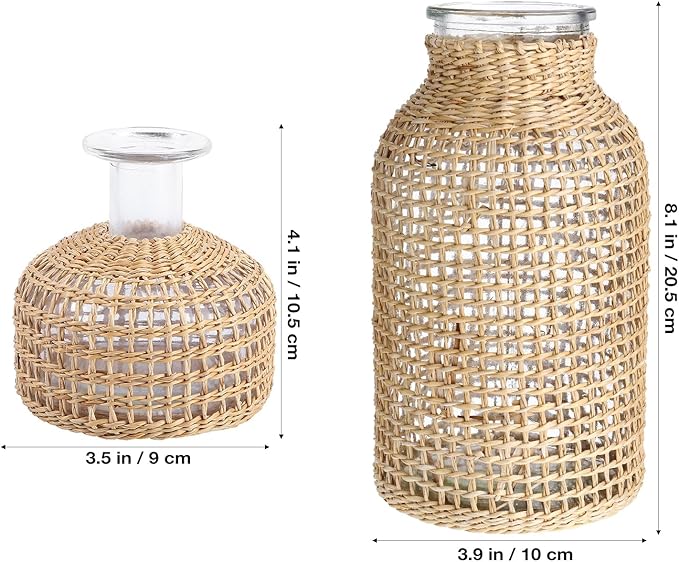 DOITOOL Glass Vase with Rattan Cover, Farmhouse Rattan Vase, Wicker Vase Flower Bud Vase, Decorative Flower Vase Floral Container for Floral Arrangements Housewarming Party Home Decor (L+XS)