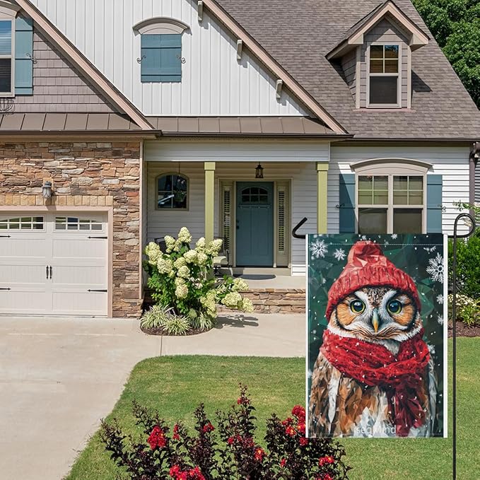 Owl with Red Scarf and Hat Snowflake Christmas Garden Flag, 28x40 Inch Double Sided Linen Holiday Red Winter Farmhouse Yard Outdoor Decoration (4333)