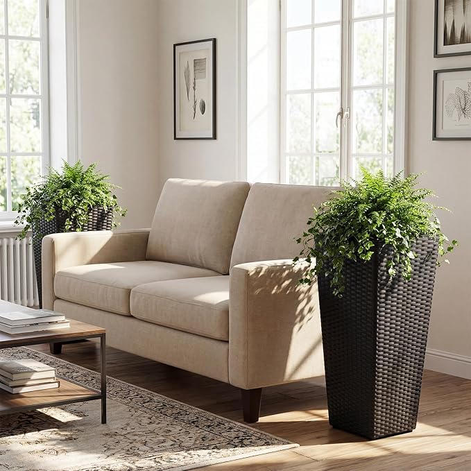 HAPPYGRILL 24" Tall Rattan Plant Pots Set of 2, Outdoor Taper Planter w/Detachable Inner Flower Pots, Metal Frame & Adjustable Foot Pads, Decorative Wicker Planter Boxes for Porch Patio Backyard