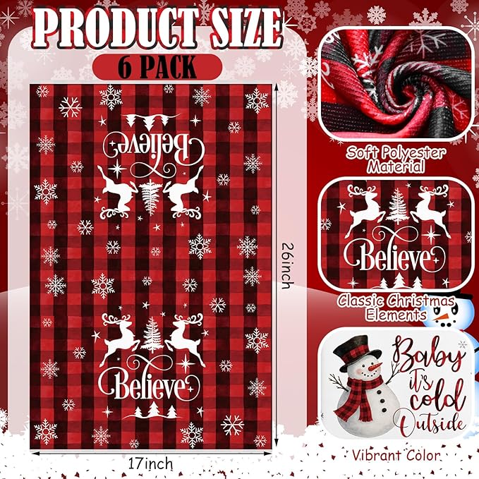 Hahafelt 12 Pcs Holiday Kitchen Towels, 16 x 24 Inch Seasonal Decorative Hand Towels, Valentine St Patrick's Day Easter Dish Decor with Truck Shamrocks Heart Bunny for Kitchen Bath(6 Pcs,Christmas)