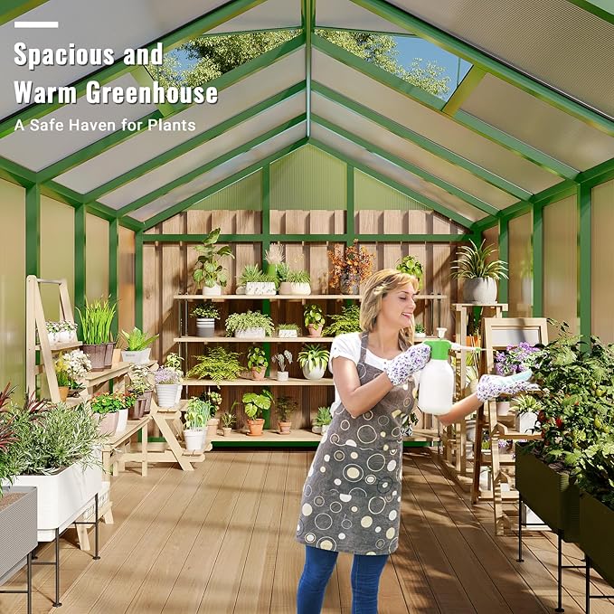 8X12 FT Greenhouse, Polycarbonate Garden Greenhouse for Outdoors,Aluminum Frame Green House with Lockable Door and Adjustable Roof Vent, Ideal for Backyard Patio and Outside Growing