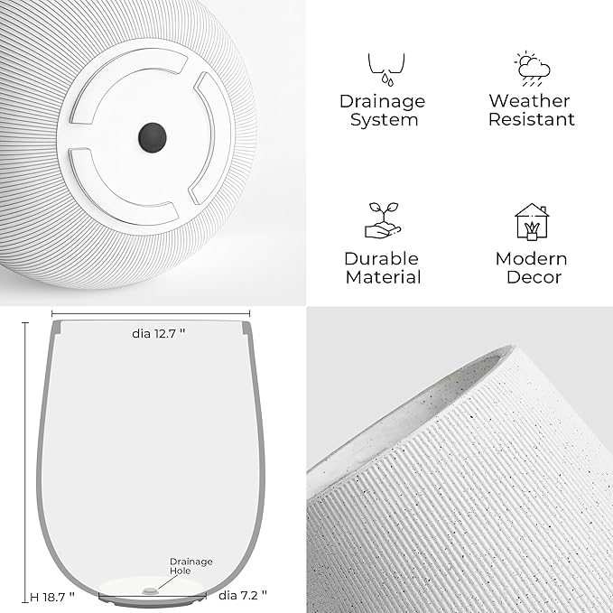 Worth Garden White Large Round Planter, 12.5" Dia x 18.5" H Lightweight Magnesium Oxide Cement Plant Pot with a Striped Textured Finish, Raised Pattern Concrete Look, Drainage Hole, Indoor & Outdoor