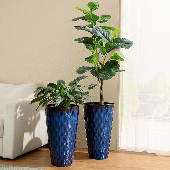Glitzhome 23.75" H Tall Planter, Set of 2 Wavy Texture Cobalt Blue Large Tall Outdoor Planters, with Drainage Hole, Plastic Large Round Decorative Flower Plant Pot for Indoor, Front Porch