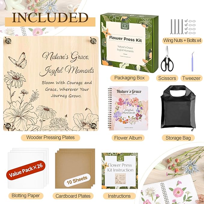 Joy&Grace Large Flower Press Kit for Adults & Kids with Designed Cover and DIY Album,10 Layers Plant Press and Plant Drying Toolkit, Flower Preservation Kit, 10.9" x 10.9" (Color Box, Natural Wood)