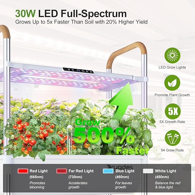 Indoor Garden Hydroponic Growing System with 54 Pods Herbs Garden Kit with 30W Led Grow Light Large Movable 2-Layer Floor-Standing Hydroponic Gardening System Planter Grower for Vegetable Fruit