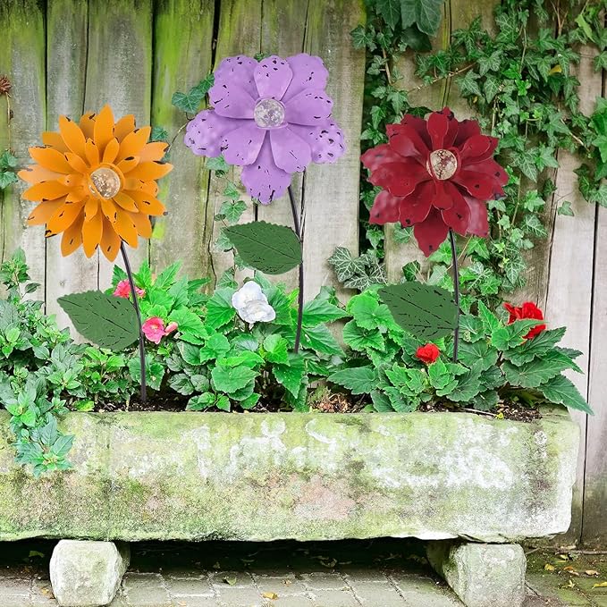 3 Pack Floral Garden Stake Decor, Glow in Dark Shaking Head Outdoor Plant Pick Water Proof Metal Flower Stick for Lawn Yard Patio Pathway Ornament