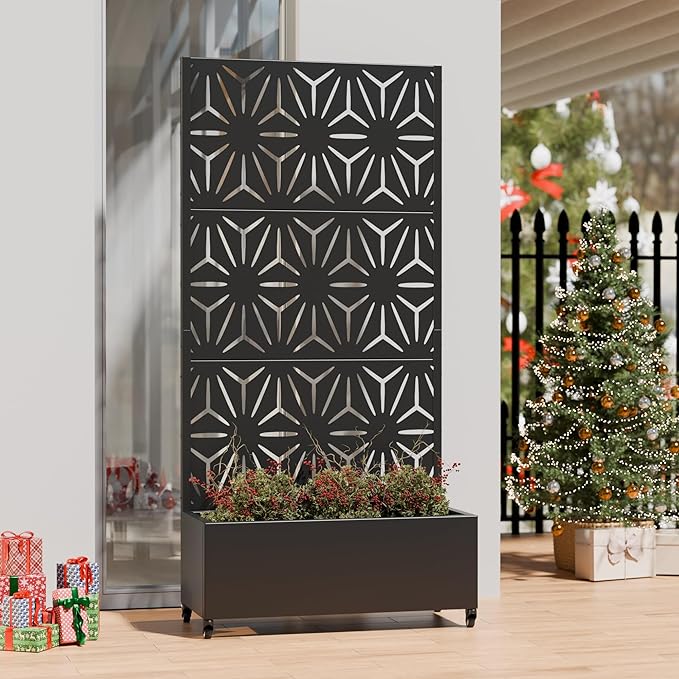 Casaphoria Metal Raised Garden Bed with Trellis and Wheels, 72"x35"x16" Planter Box for Climbing Plants, Vegetables & Vines, Features Drainage Holes and Privacy Screen (Black-Star)