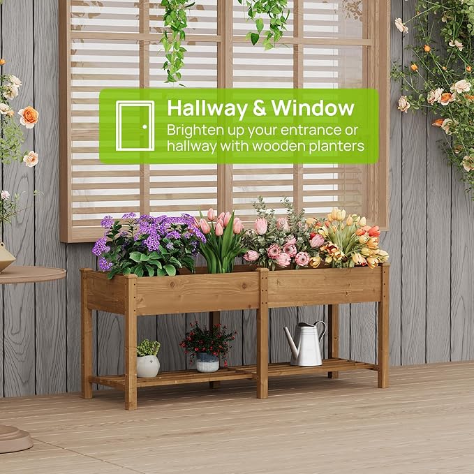 Raised Garden Bed, Planter Box with Storage Shelf, Elevated Wooden Planter Box with Legs, Garden Planter for Backyard, Patio, Balcony, Natural Wood (Brown, L)