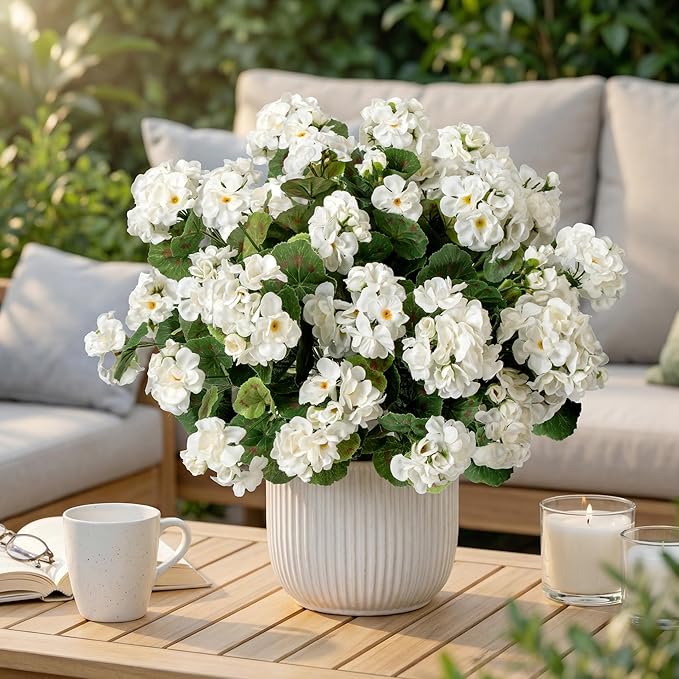 Uqueeten Artificial Flowers for Outdoors Artificial Geranium,Fake Flower White Geranium Artificial Plant Home Decor,Silk Geraniums Realistic Outdoor Flower Fake Plant Decoration 14.4" (White) 8PCS