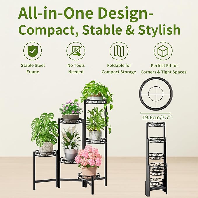 NQW Plant Stand Indoor Outdoor, 6 Tier Metal Flower Shelf for Multiple Plants Corner Tall Floding Flower Holders for Patio Garden Living Room Balcony Bedroom - BlackCircle