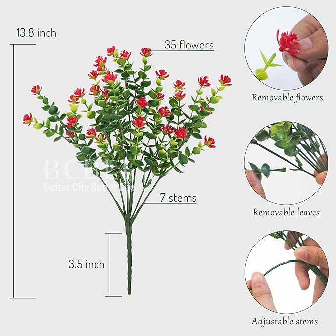 BCBLF Artificial Flowers for Outdoors, 12 Bundles UV Resistant Realistic Faux Plants for Outside Porch Planter, Spring Summer Home Garden Decoration, Red