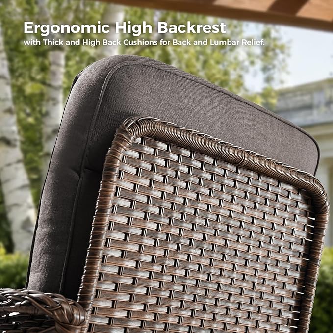 Luxury Outdoor Swivel Rocker Patio Chairs with 6-Inch Thick Cushions, High Back Swivel Glider Patio Chairs, 3PCS Wicker Outdoor Furniture Set for Porch, Patio, Yard, Deck, Poolside, Brown/Grey