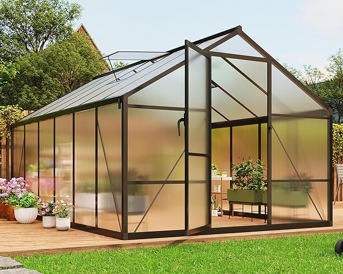 8 x 12 FT Greenhouse, Outdoor Sliding Door, Polycarbonate Greenhouse with Aluminum Frame, Lockable Door and Ajustable Roof Vent for Backyard, Outside Garden Backyard, Patio, Black