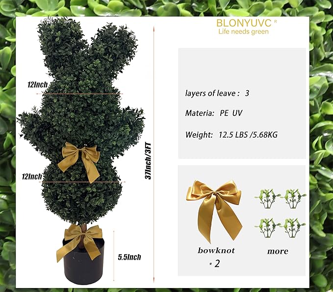 BLONYUVC 36'' Artificial Bunny-Shaped Topiary Double Ball Tree Pot UV-Resistant Bowknot Faux Boxwood Topiaries Plant for Porch Decor Outdoor/Indoor 2 Pack