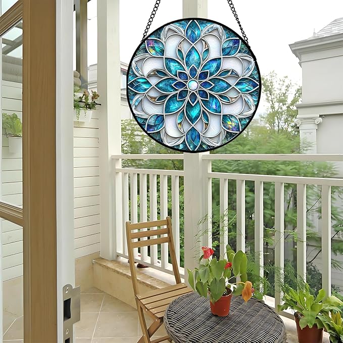 JOSUMALY Stained Glass Window Hanging - Blue White Abstract Flowers Suncatcher for Door Terrace Garden Home Decor Boho Sun Catcher Birthday Gifts for Lovers Women Men Dad Mom Nana 11.8 in