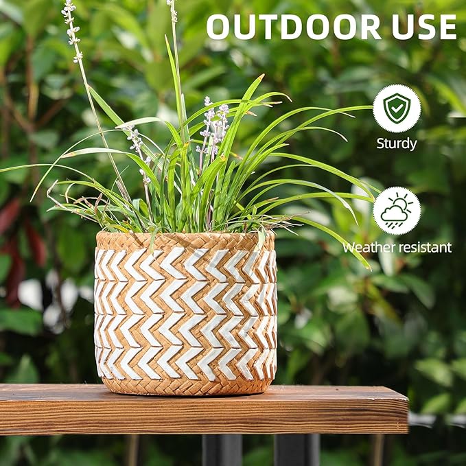 vomiceak Concrete Rattan-Style Plant Basket Planter, 5" Outdoor Indoor Plant Pots with Drainage Hole, Boho Flower Pot for Succulents, Herbs, Modern Farmhouse Decor, Ideal Gift for Plant Lovers