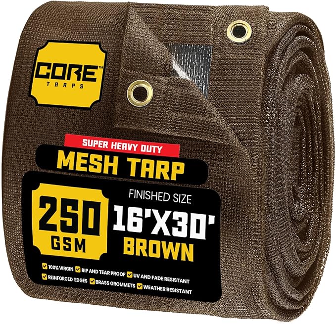 Core Tarps 60% Brown Shade Cloth with Grommets - 16 X 30 FT Heavy Duty Mesh Tarp - Sun Shade Cloth for Garden Vegetables Plants Greenhouse Outdoors Backyard Fences Dump Trucks Patio Mesh Shade Tarp