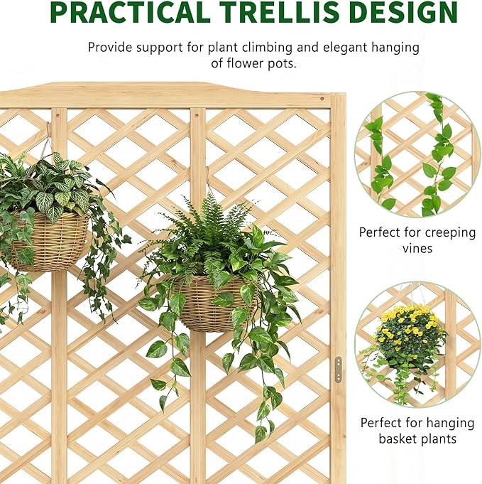 Wooden Raised Garden Bed with Trellis, Freestanding Planter Box with Drainage for Vines Climbing Plants Flowers Herbs, Elevated Gardening Planter for Backyard Balcony Patio