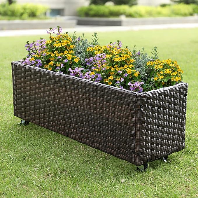 Raised Garden Bed - Garden Planters Box with Wheels, Rattan Patio Raised Beds for Gardening, Indoor Outdoor Planters 3.1FT Save Space…