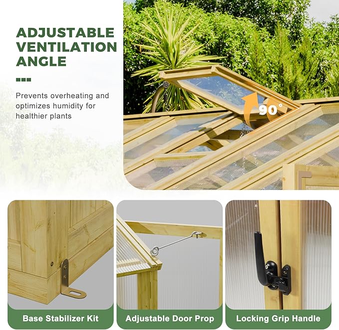 6x8 FT Wood Greenhouses for Outdoors Heavy Duty, Outdoor Greenhouse Kit with Adjustable Roof Vent and Reinforced Panels, Walk in Polycarbonate Greenhouse for Outside Backyard Garden Yard, Natural