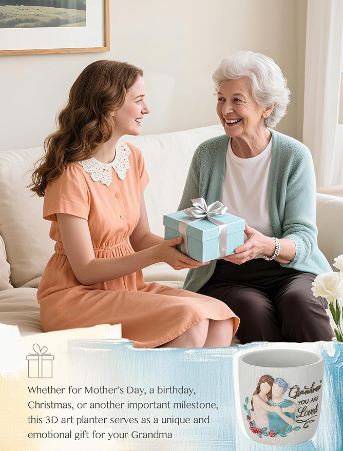 Afigurna Gardening Gift for Grandma: 5.3in Hand-Painted 3D Art Planter - Great Grandma Birthday Gifts from Granddaughter - Meaningful Gigi Present for Grandmother Christmas Mothers Valentines Day