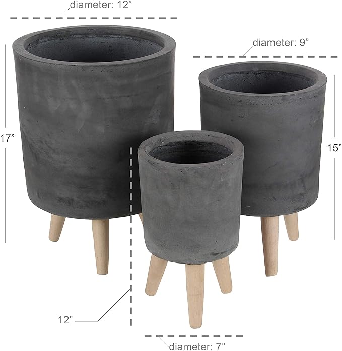 Deco 79 Fiberclay Round Planter with Wood Legs, Set of 3 12", 15", 17"H, Black