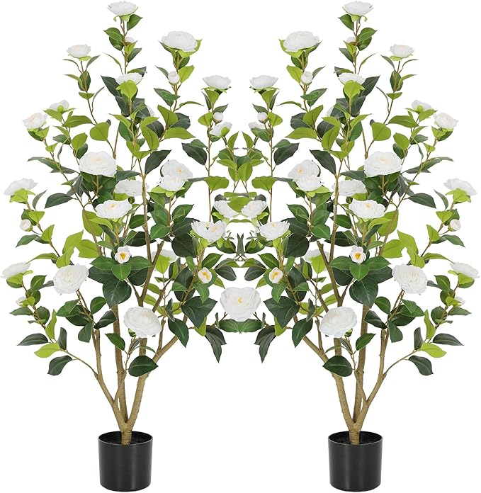 Nafresh 4FT Lush Artificial White Camellia Tree Outdoor 2 Pack, 48inch Faux Camellia Plant, Fake Camellia Flowers Tree for Indoor Outdoor Living Room Home Patio Front Door Garden Decor