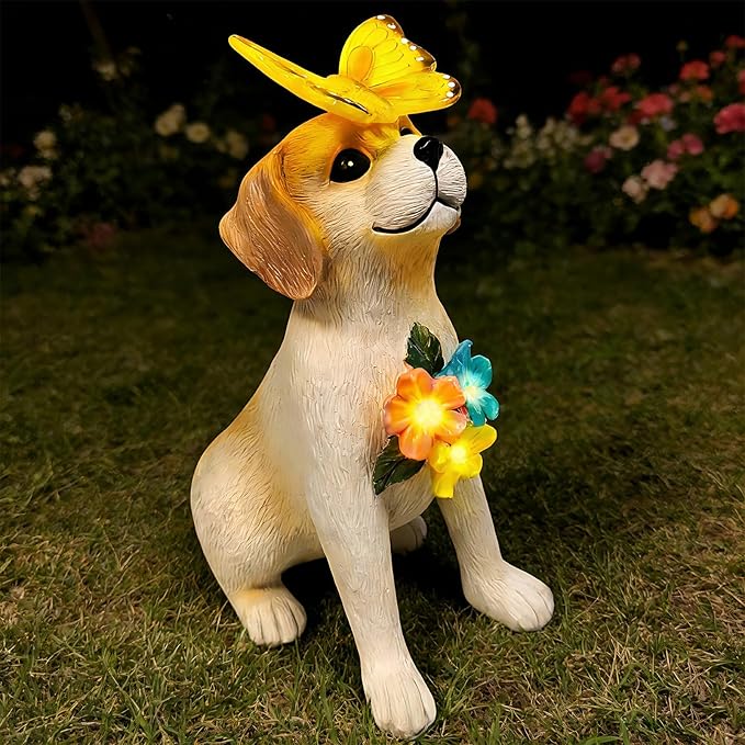 Solar Dog Garden Statues Decor, Outdoor Fairy Dogs Figurines Accessories Decorations with LED Lights Home Patio Balcony Yard Lawn Ornaments, Unique Thanksgiving for Women Dad Friends