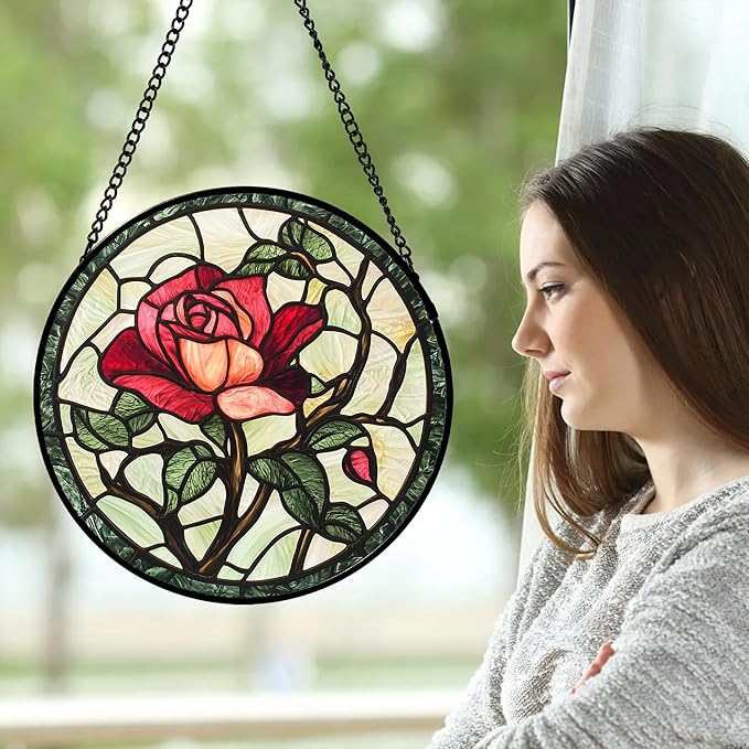 AMDERVEN Stained Glass Window Hanging, Red Rose Flowers Sun Catcher for Door Garden Home Decor Suncatcher Christmas Mother's Day Birthday Gifts for Women Lovers Men Wife Girlfriend Mom Nana 15 in