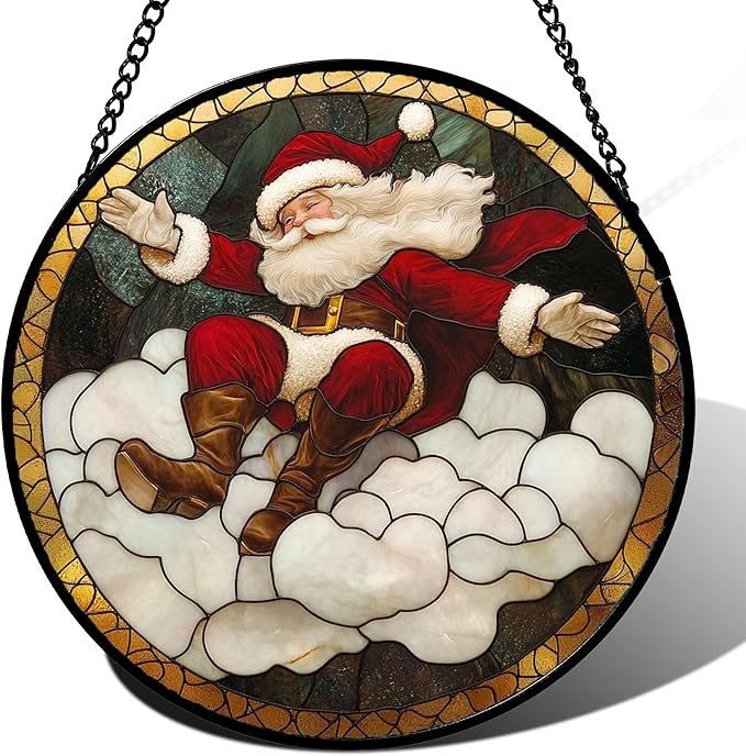 Stained Glass Window Hanging - Red White Santa Claus Clouds Suncatcher for Doors Home Christmas Decoration Sun Catcher Thanksgiving New Year Birthday Gifts for Friend Women Men Mom Nana 7.8 in