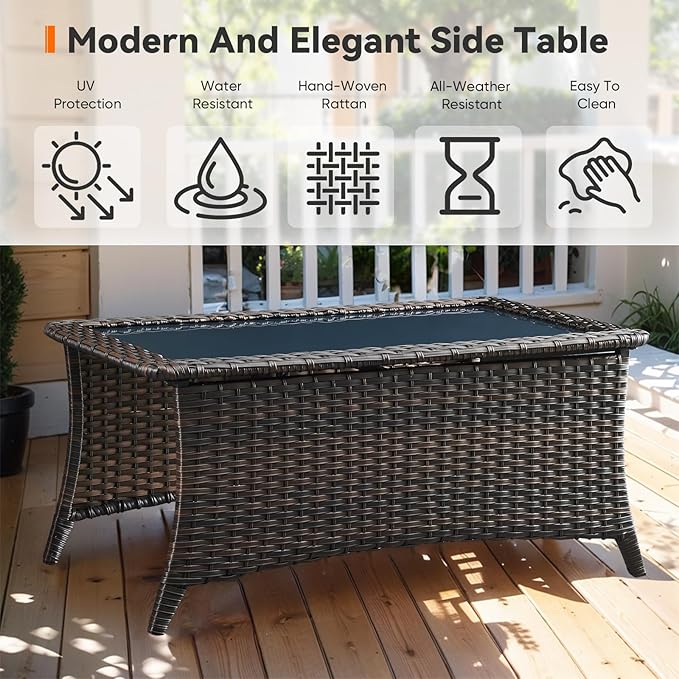 Outdoor Coffee Table - Patio Rattan Wicker Coffee Table with Tempered Glass Top Outdoor Table for Deck Porch Balcony Garden - Brown