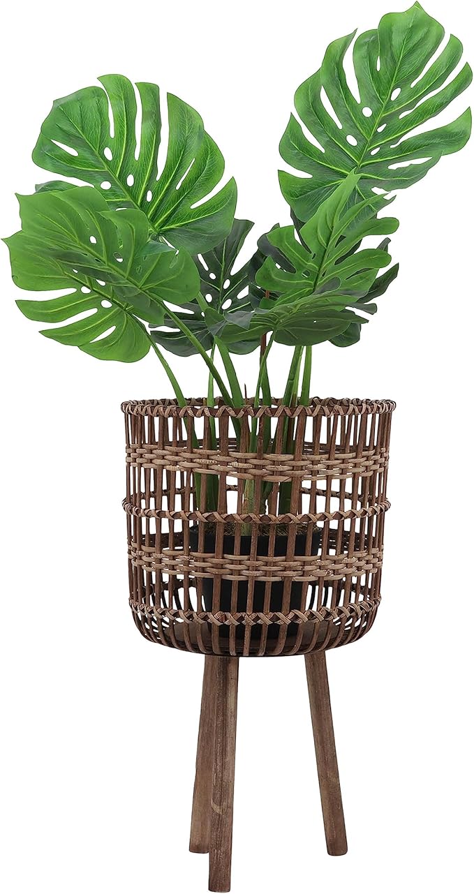 Sagebrook Home Set of 3 Wooden Planter Stands Bamboo Decorative Flower Pots for Indoor Outdoor Use, Rustic Woven Plant Holders with Legs for Home & Garden Decor, 19", 22"& 26" H