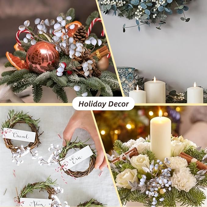 220g Tallow Berries Dried Christmas Decor- 17" Natural Stem Wedding Floral Decor, White Holly Tallow Berries, 2 Bundles Dried Flower Billy Balls, Button Plant, Willow Branches, Wreath DIY Handicraft