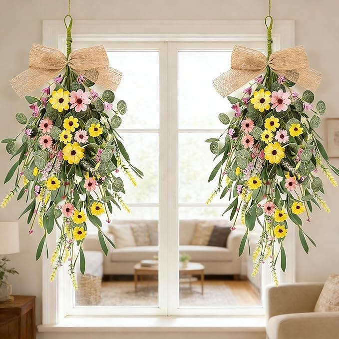 4 Pcs 22" Artificial Summer Swag Wreath Spring Floral Teardrop Swags for Front Door Farmhouse Kitchen Cabinet Wreaths with Ribbon Flowers Hanging Wreaths for Porch Outside All Season Wall Window Decor