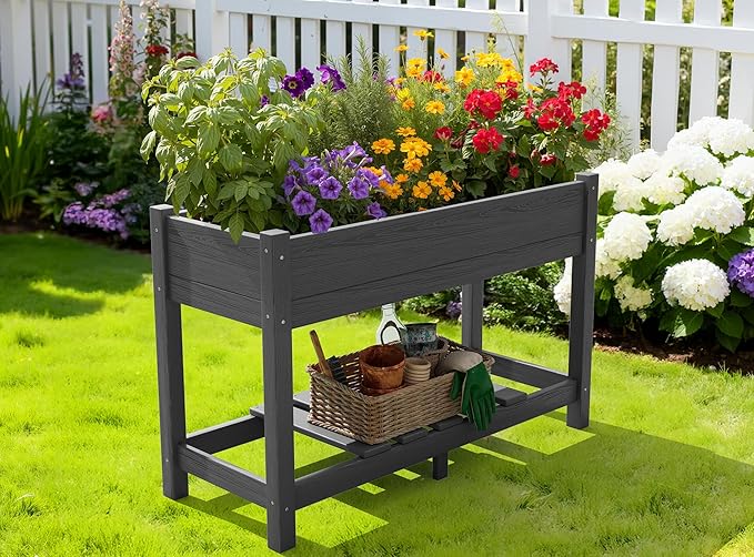 SERWALL Raised Garden Bed with Legs Set of 2, 43"×17"×30" Large HDPE Elevated Planter Box for Vegetables Flower Herb Patio, All Weather Use- Gray