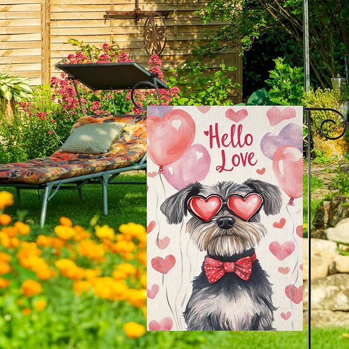 Valentine's Day Schnauzer Hello Love Garden Flag, House Yard Plaid Love Heart Outside Decoration, Spring Holiday Wedding Anniversary Outdoor Small Decor 12x18(12619)
