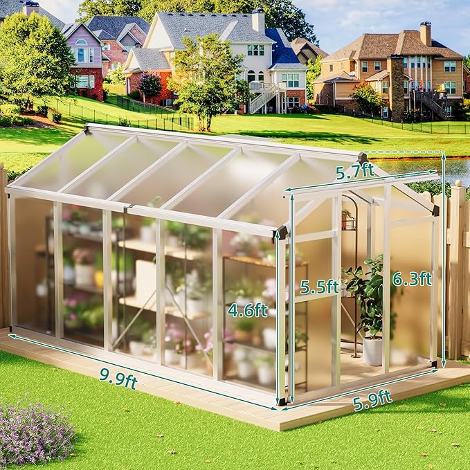 6x10 FT Greenhouse - Large Aluminum Greenhouses for Outdoors, Heavy Duty Polycarbonate Greenhouse with Roof Vent&Ground Nails, Walk-in Green Houses for Garden, Backyard, Patio, Easy Assembly