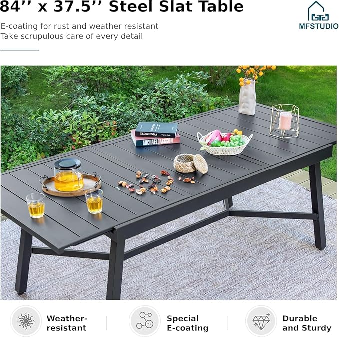 MFSTUDIO Patio Table and Chairs Set, 7 Pieces Outdoor Dining Set with 6 Patio Dining Chairs and 1 Heavy Duty Metal Expandable Table for 6, All Weather Resistant Patio Dining Furniture, Grey